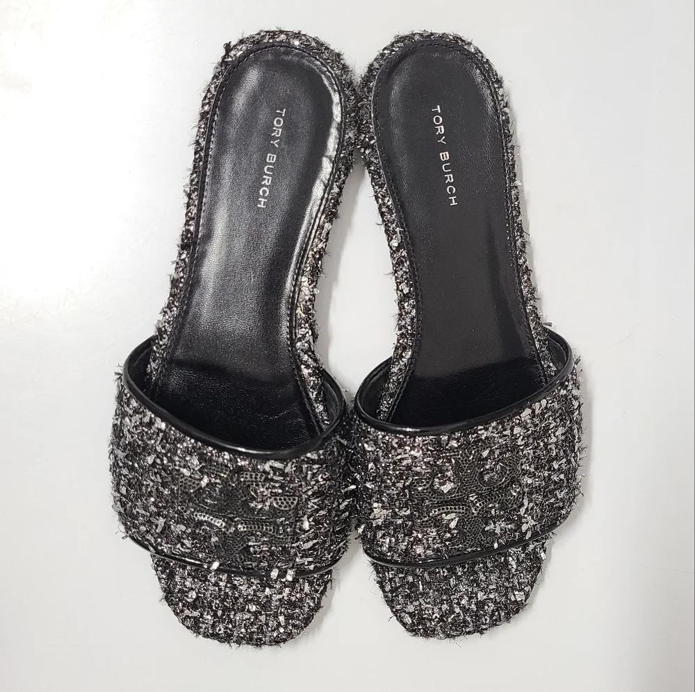 Tory Burch Eleanor Pavé Logo Slide Sandal in Silver Confetti/Perfect Black Sz 8